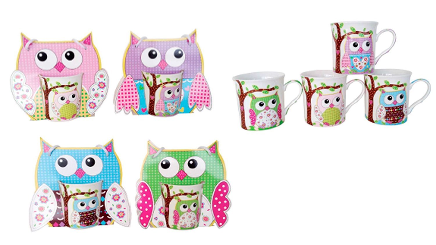Set 4 Tazze Con Gufi - Ceramica Multicolore - Regalo Originale