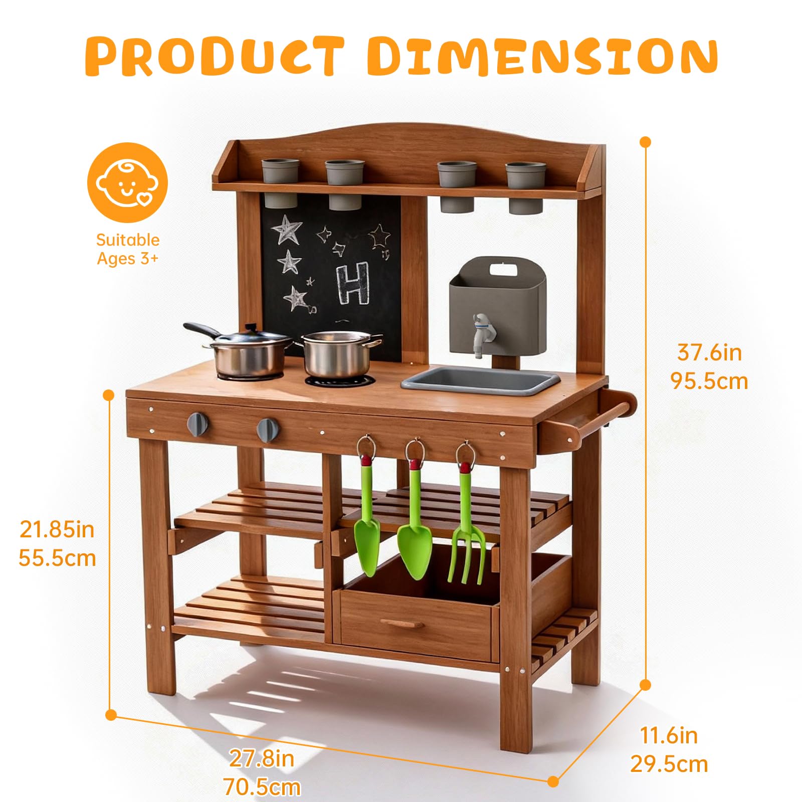 Mud Kitchen for Outdoor, Wooden Outdoor Pretend Kitchen with Sink, Water Slide, Faucet, Stove, Chalkboard and Storage Shelves M3 — view 2