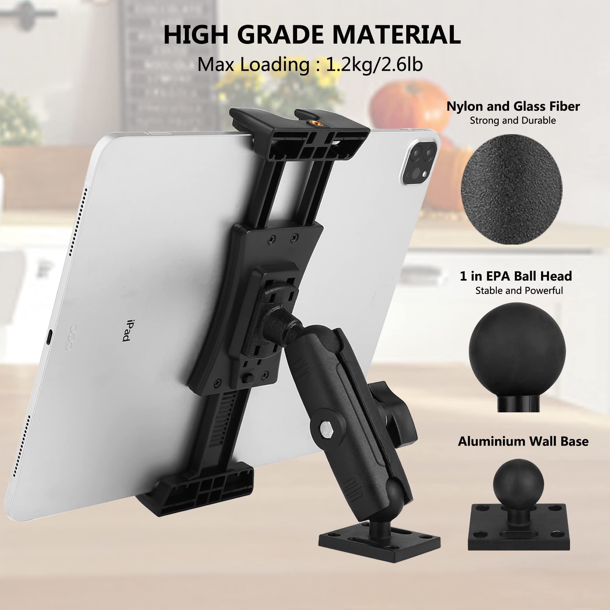 VINATO Supporto Tablet Muro Regolabile a 360° per Tablet, Allungabile Porta Tablet da Muro in Alluminio, Pieghevole Supporto da Parete per iPad Telefoni da 4,7-13, per Cucina Palestra Ufficio, Nero
