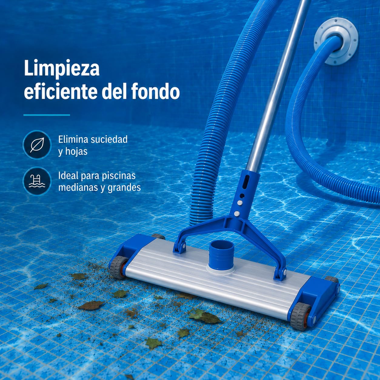 SIQUA Kit Limpieza Piscina Premium, Limpiafondos Aluminio con Cepillos Laterales, Manguera Autoflotante 8 m Ø38 mm, Aspirador Manual Fondo Piscinas, Alta Resistencia UV