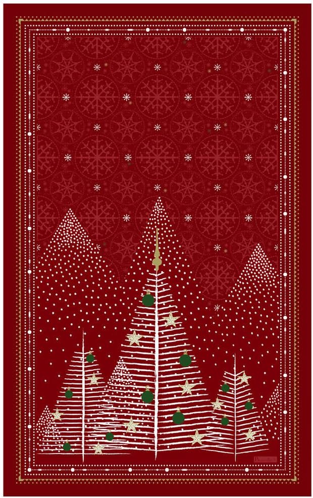 Beauville, Foret (Forest) Red French Holiday/Christmas Kitchen/Tea Towel, Silk Screen Hand Printed, 82% Cotton / 18% Linen, 20" X 31", Made in France