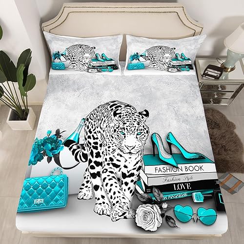 Miniatura 4 de Juego de sábanas de leopardo a la moda para niños y niñas, tamaño matrimonial, vintage, gris, pavo real, azul, animales salvajes, piel de guepardo,