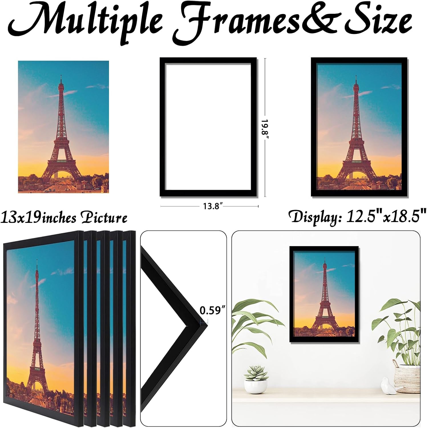 13x19 Picture Frame Set of 5, Black Photo Frames High Transparent Wall Gallery Desktop Horizontal Vertical for Canvas Collage Photo Poster Certificate 13 x 19 inches