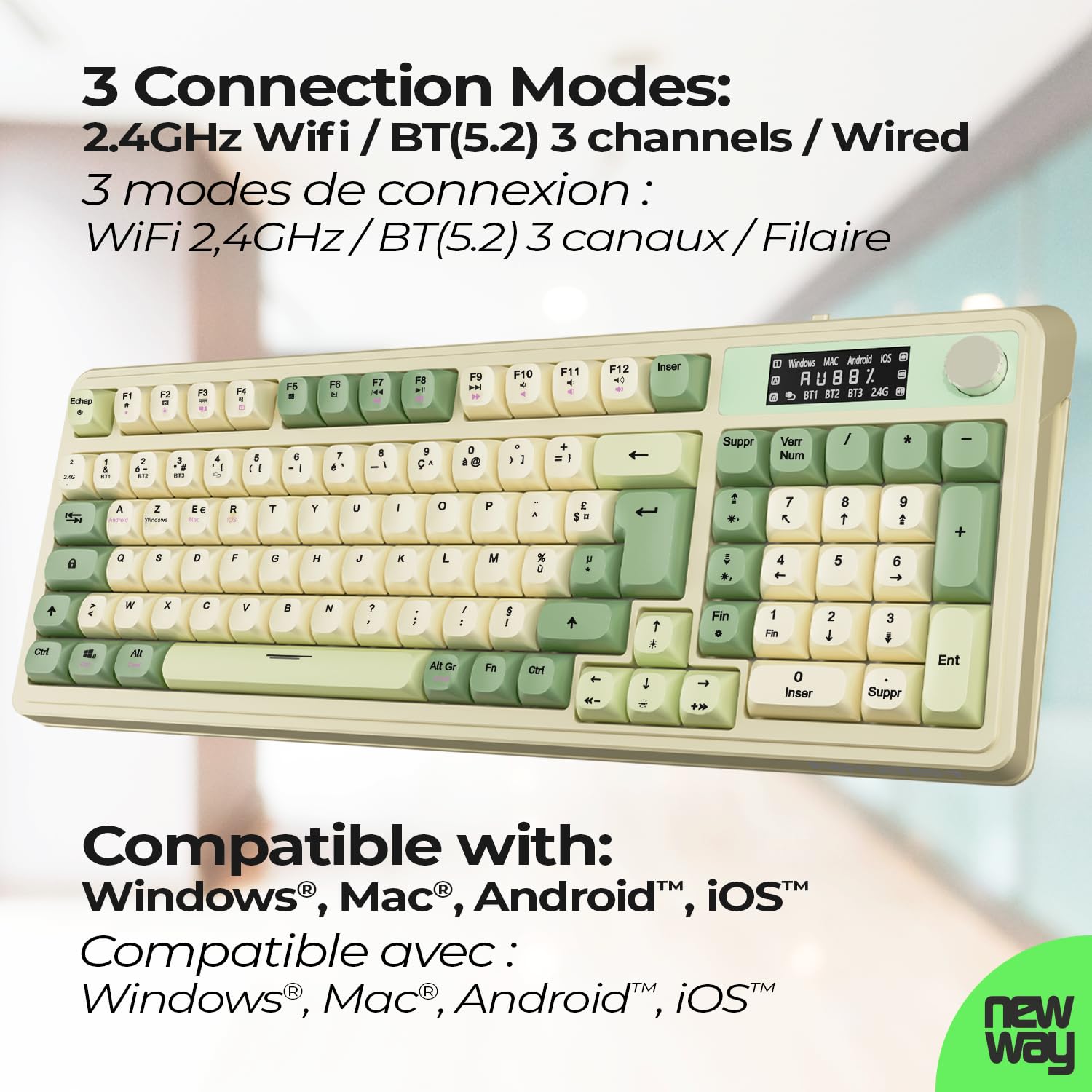 NEWWAY NK251 – Clavier sans Fil Rechargeable Affichage LCD Numérique Molette Multifonction - AZERTY français – Triple Mode (WiFi 2.4 GHz, BT, USB-C) - Récepteur USB au Dos