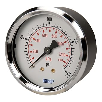 WIKA 4302061 Commercial Pressure Gauge, Dry-Filled, Copper Alloy Wetted Parts, 2" Dial, 0-200 psi Range, +/-3/2/3% Accuracy, 1/4" Male NPT Connection, Center Back Mount