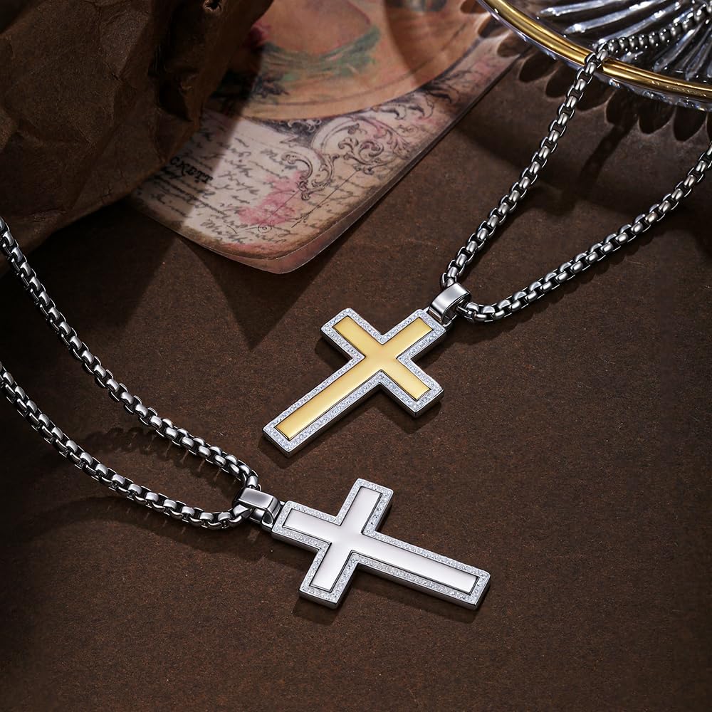Cross Necklace for Men Gold Silver Stainless Steel Cross Pendant Necklace Chains for Mens Christians Gifts Charms Jewelry Box Chain Length 22-26 Inch - Image 4