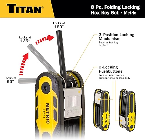 Miniatura 2 de Titan 12771 Juego de llaves Allen plegables métricas de 8 piezas, cerraduras de llave hexagonal de bloqueo a 90, 135 y 180 a través de dos botones,