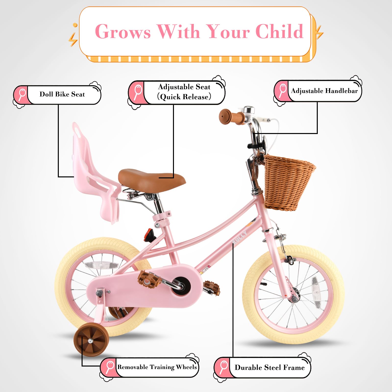 RULLY Donna Vélo Enfant 12 14 16 Pouces Fille 2-7 Ans – Vélo Princesse avec Siège Poupée, Petites Roues, Panier et Rubans – Multicolore