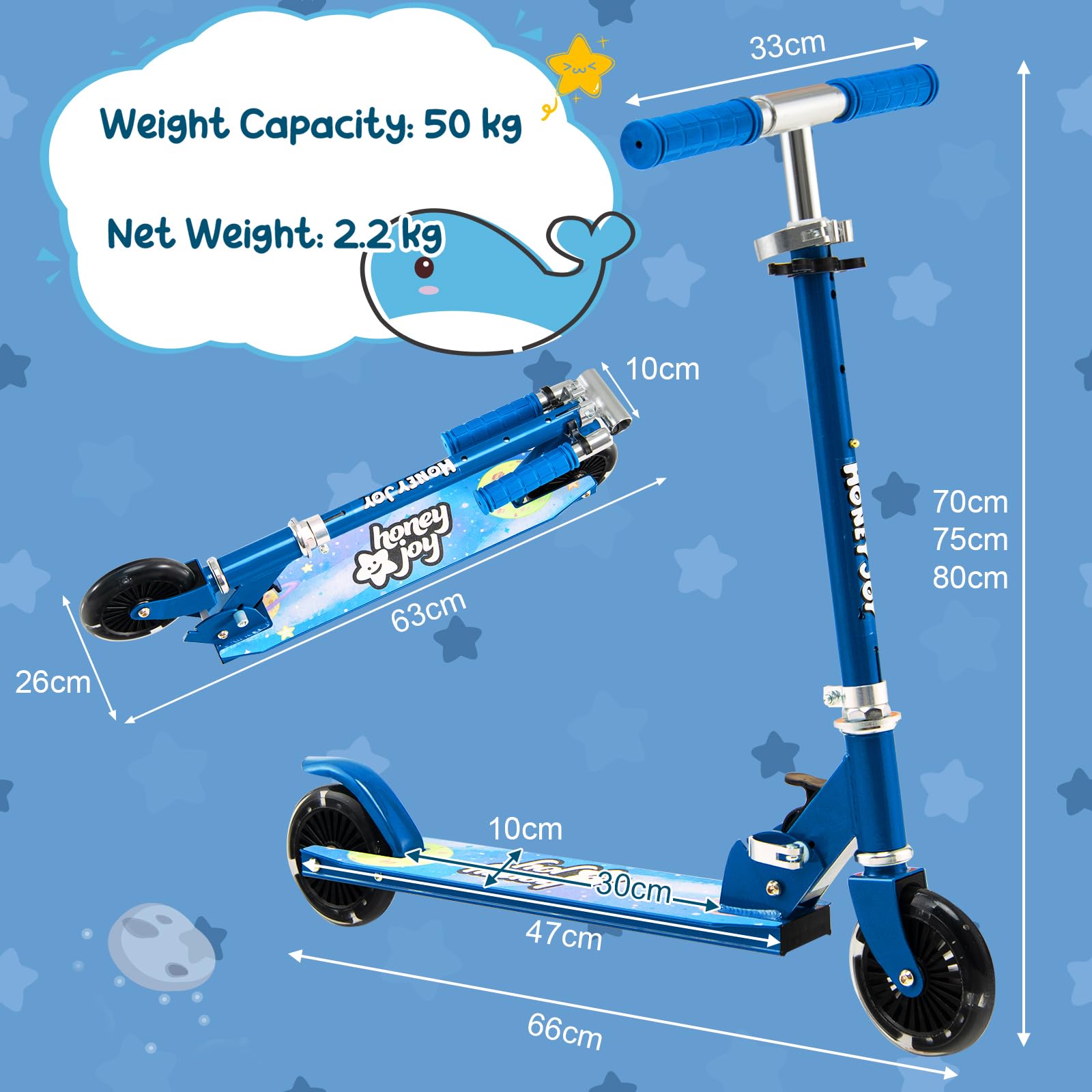 KOMFOTTEU Trottinette Enfant 3 Ans+, 2 Roues ABEC-5 | Planche à roulettes Pliable ,LED et Frein, 3 Hauteurs réglables, Scooter Charge 50 kg