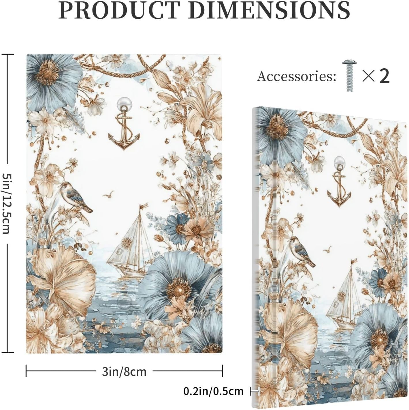 Decorative Light Switch Cover Plate Vintage Nautical Floral Coastal Anchor 1 Gang No Device Single Blank Outlet Covers Wall Plates for Electrical Faceplate for Bedroom Home Decor image 5
