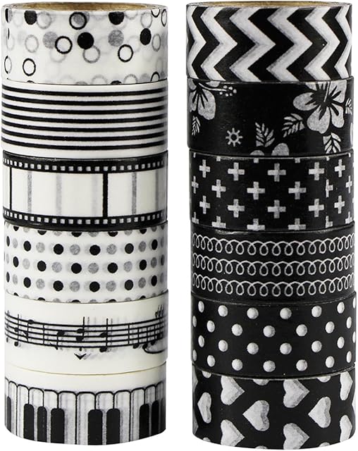 UOOOM 12pcs Decorative Washi Tape Masking Tape Adhesive Scrapbooking DIY Craft Gift (black)