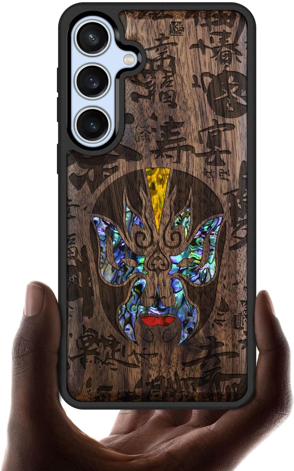 Carveit Designer Wooden Case for Samsung Galaxy S24 FE Case [Wood Engraving & Shell Inlay] Compatible with Wireless Chargers S24 FE Cover (The Chinese Opera Mask-Walnut)