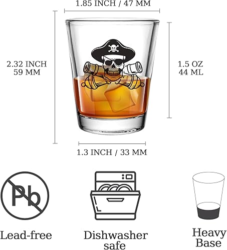 Miniatura 2 de Juego de 3 vasos de chupito con temática pirata, 1.5 onzas Jolly Roger Pirate Skull Shot vasos con base pesada, decoraciones de fiesta pirata para