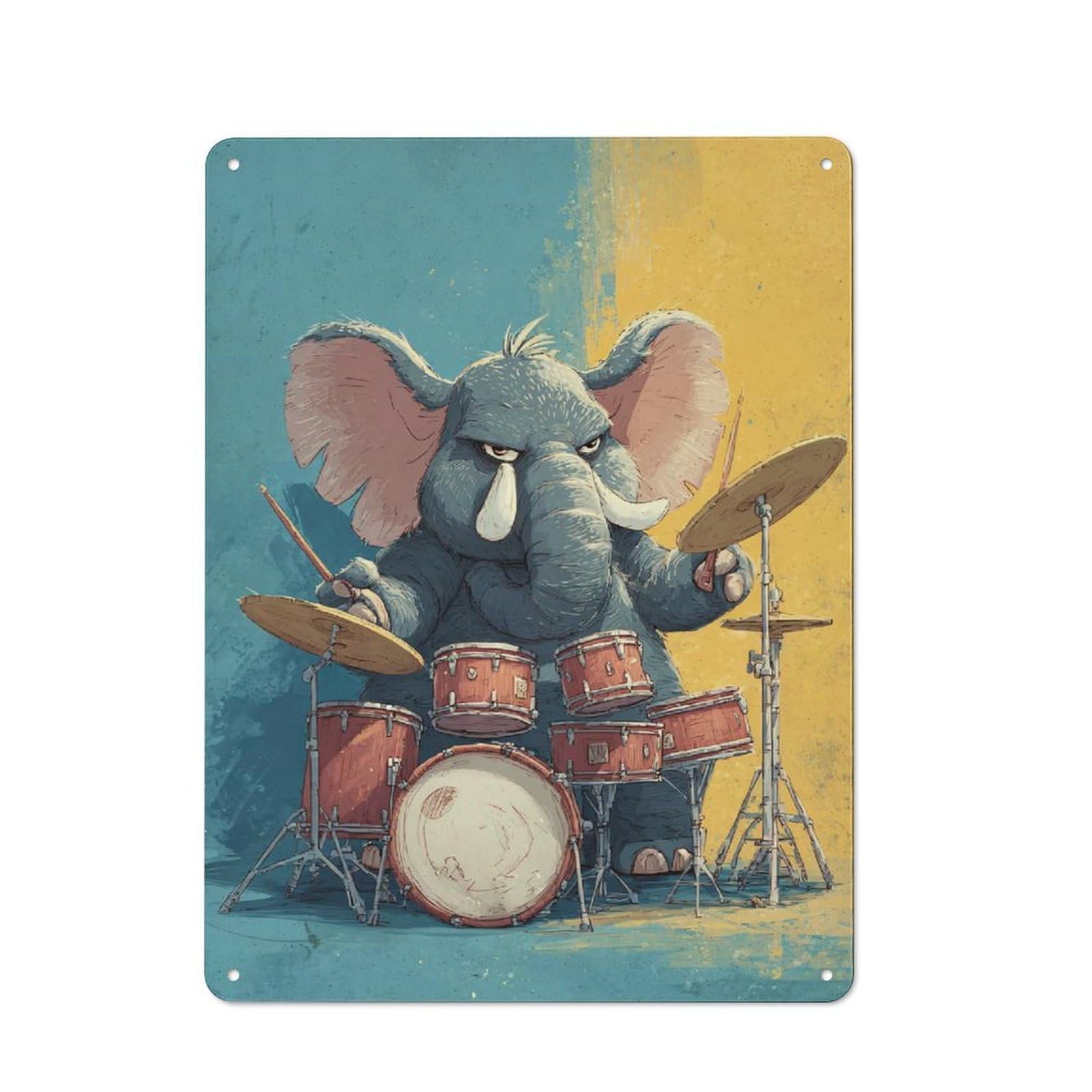 Junmoney Style-14 Vintage Vintage Metal Sign 40X30cm Featuring Elephant Drummer Cartoon Illustration, Restaurant Wall Art For Takeaway, Bar, Kitchen Or Counter Area