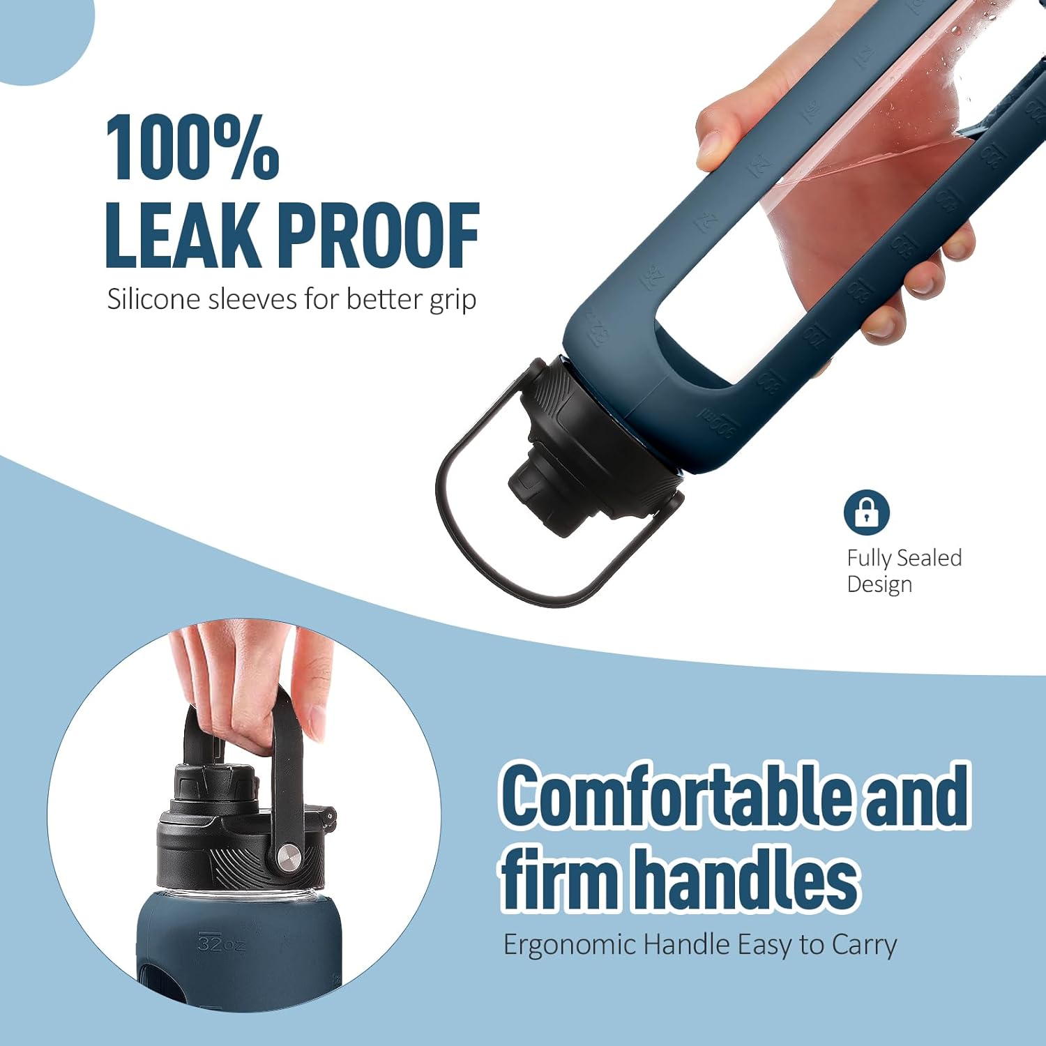 Kodrine Water Bottle with Straw, 24 oz Glass water Bottle with 2 Lids Bamboo Straw Lid and Spout Lid with Handle, 32 oz Clear Water Bottle Glass for Sports Travel, Waterbottle with Time Marker - Image 3