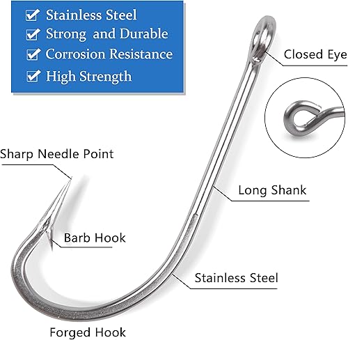 Miniatura 2 de Juego de ganchos en J de pesca de agua salada, 100 ganchos O'shaughnessy de mango largo, juego de ganchos de acero inoxidable forjados, surtido de