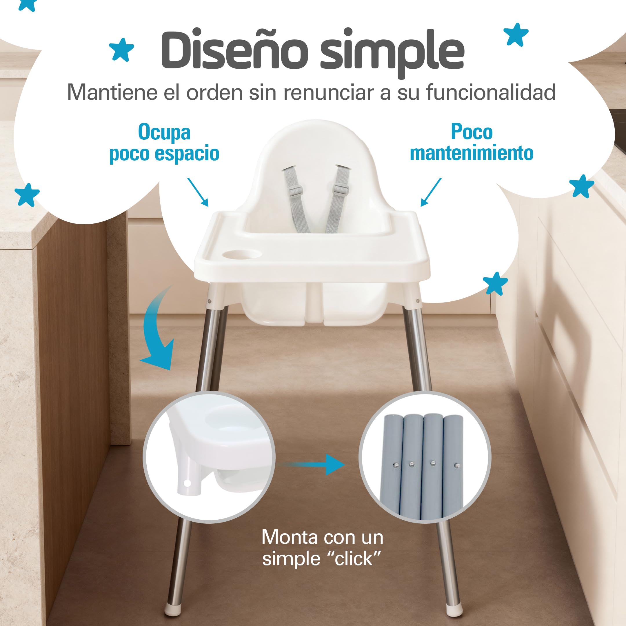 PLASTIMYR Tronas Bebe Light para 6 Meses a 3 Años hasta 15 kg – Silla de Comer para Bebe Resistente a Manchas, Bandeja Extraíble y Arnés de Seguridad - Trona Infantil Fácil de Limpiar 83x44x47 cm