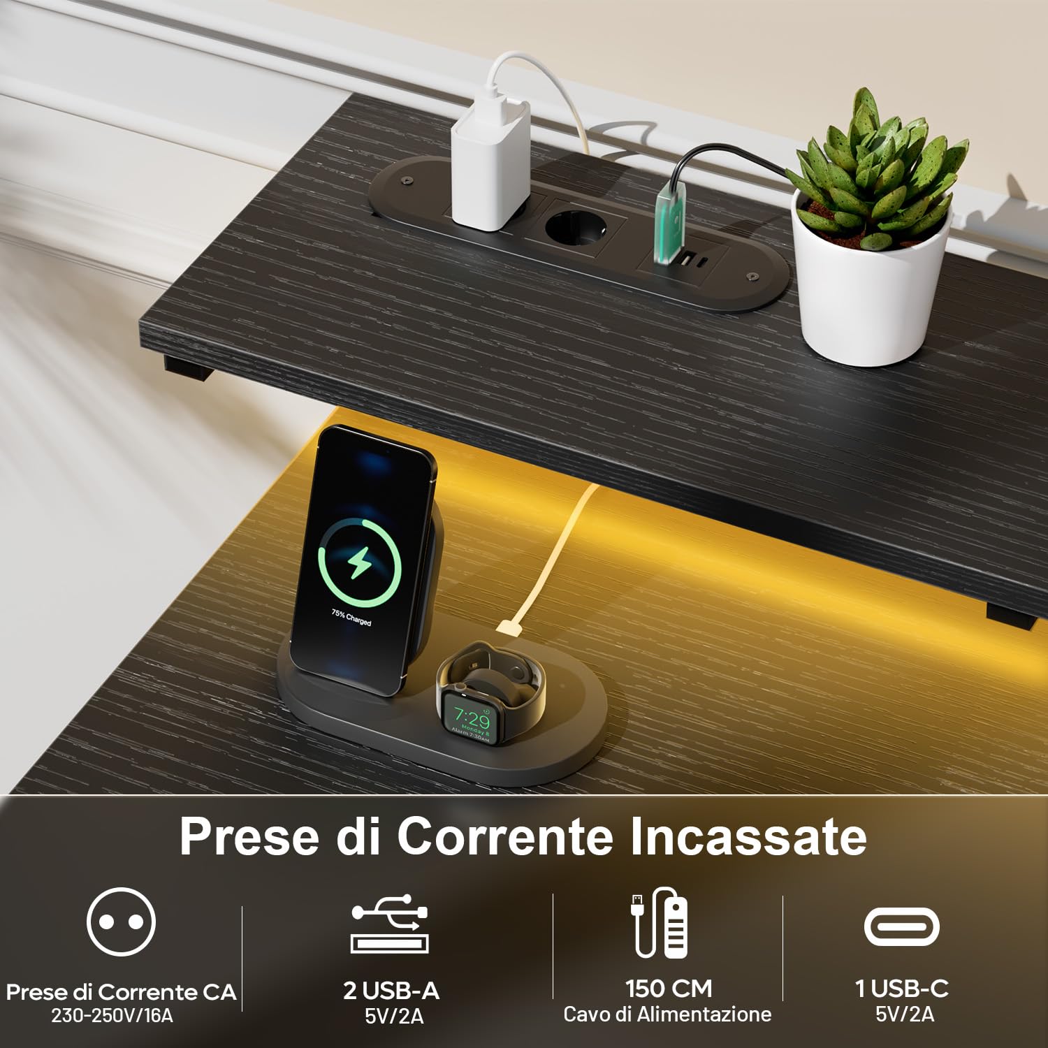 HLFURNIEU Scrivania con 8 Tessuto Cassetti, Tavolo Gaming con Presa di Corrente & Porta USB, Scrivania PC Salvaspazio con LED, Tavolo Ufficio con Supporto per Monitor (Nero, 120 × 50 cm)