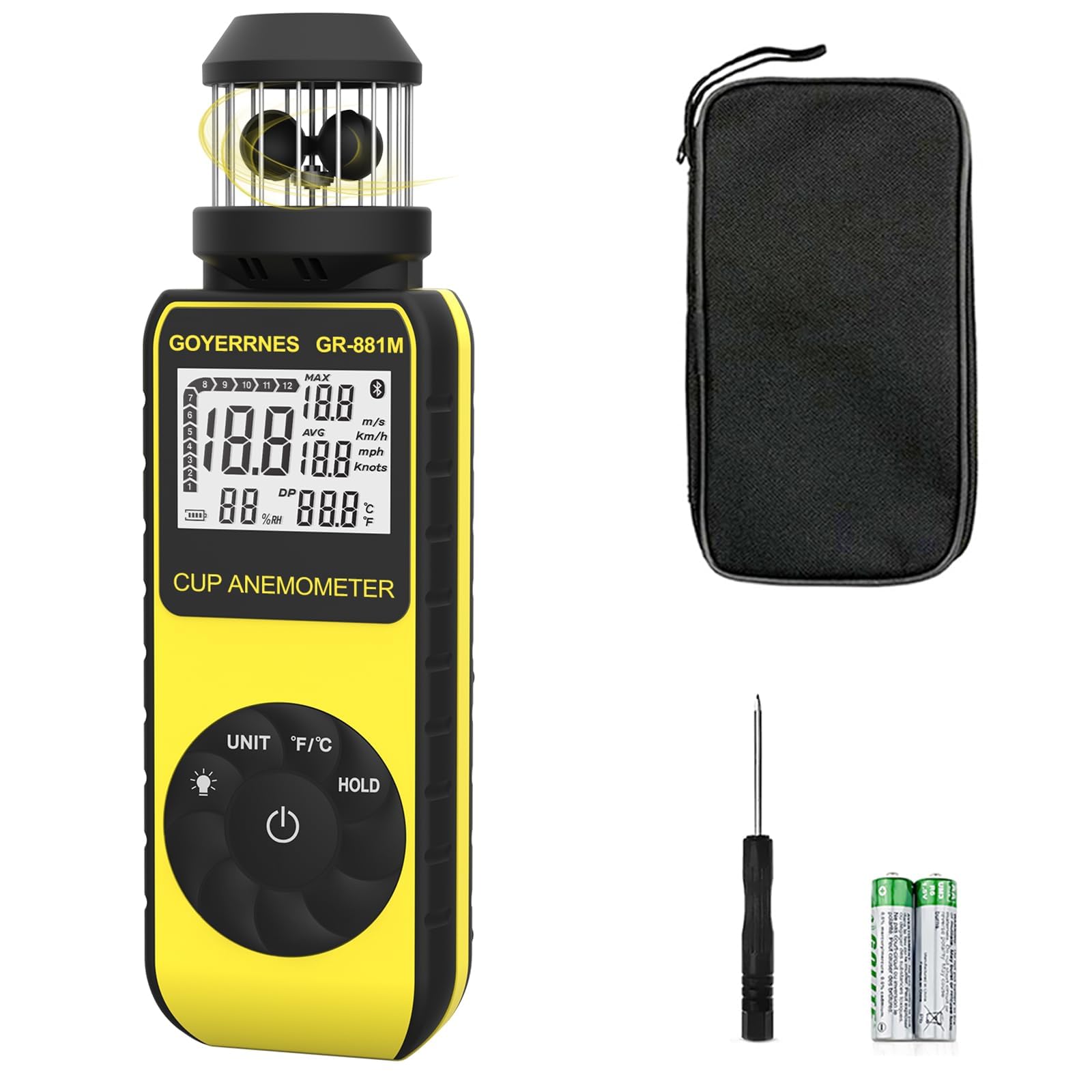 Digitaler Anemometer Windmesser Handheld mit Wind Cup Anemometer Tragbarer GR-881M Geschwindigkeitsmesser mit Kompass und Temp(℃/℉) Messung der Luftgeschwindigkeit Luftvolumen für Bootssegeln,Schießen