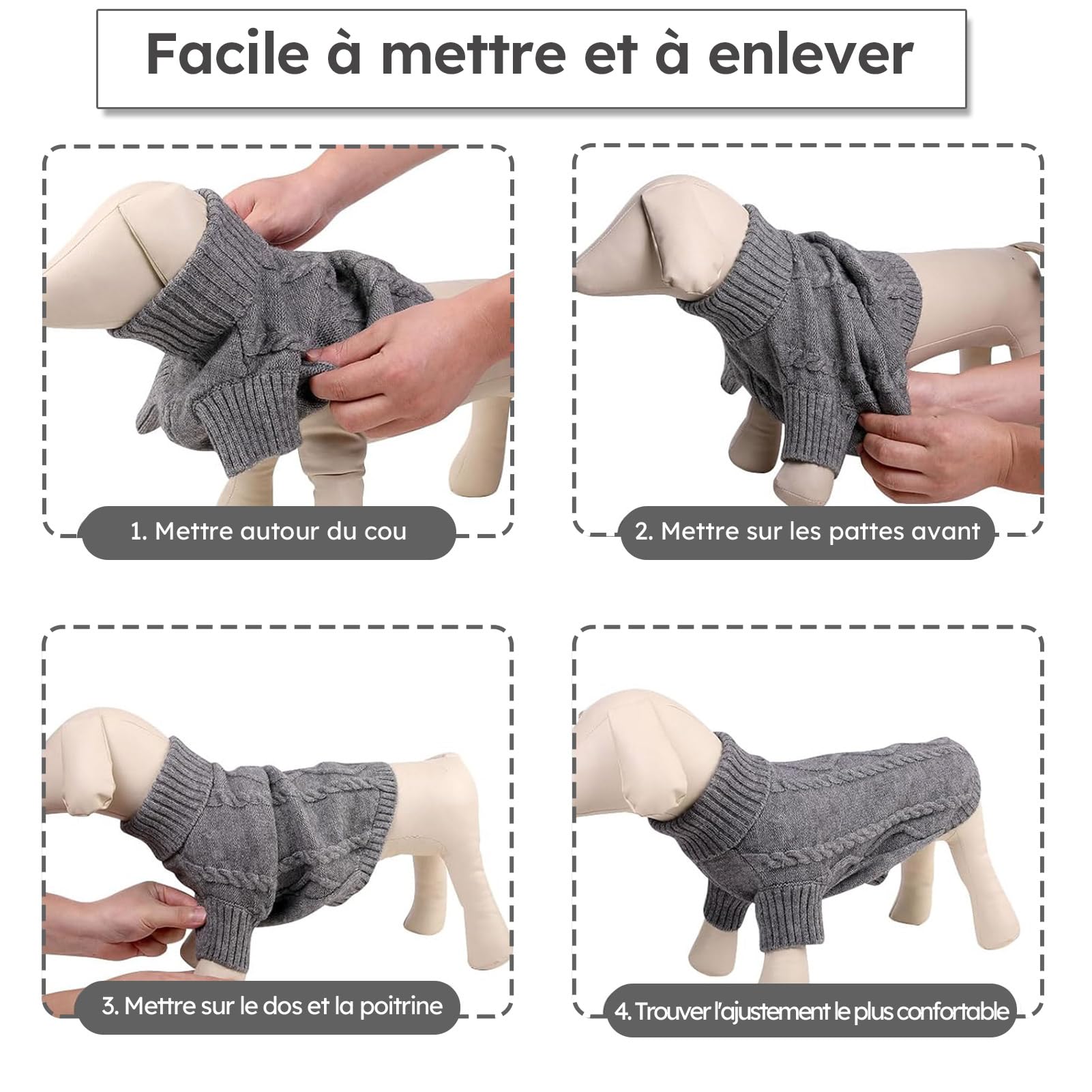 Queenmore Pull Chien Grande Taille Bouledogue Français Chaud Pull-Overs pour Chiens Pull Chihuahua Manteau Teckel Vetement pour Chien Chat d'hiver, Gris foncé, L
