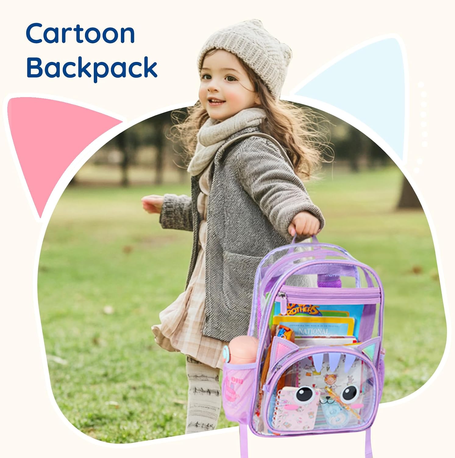 mommore Clear Backpack for Kids Cartoon Kitty Backpack for Girls 4-8 Water-Resistant See Through Cartoon Toddler Bookbag with Chest Strap for Preschool Kindergarten Travel, Purple - Image 2