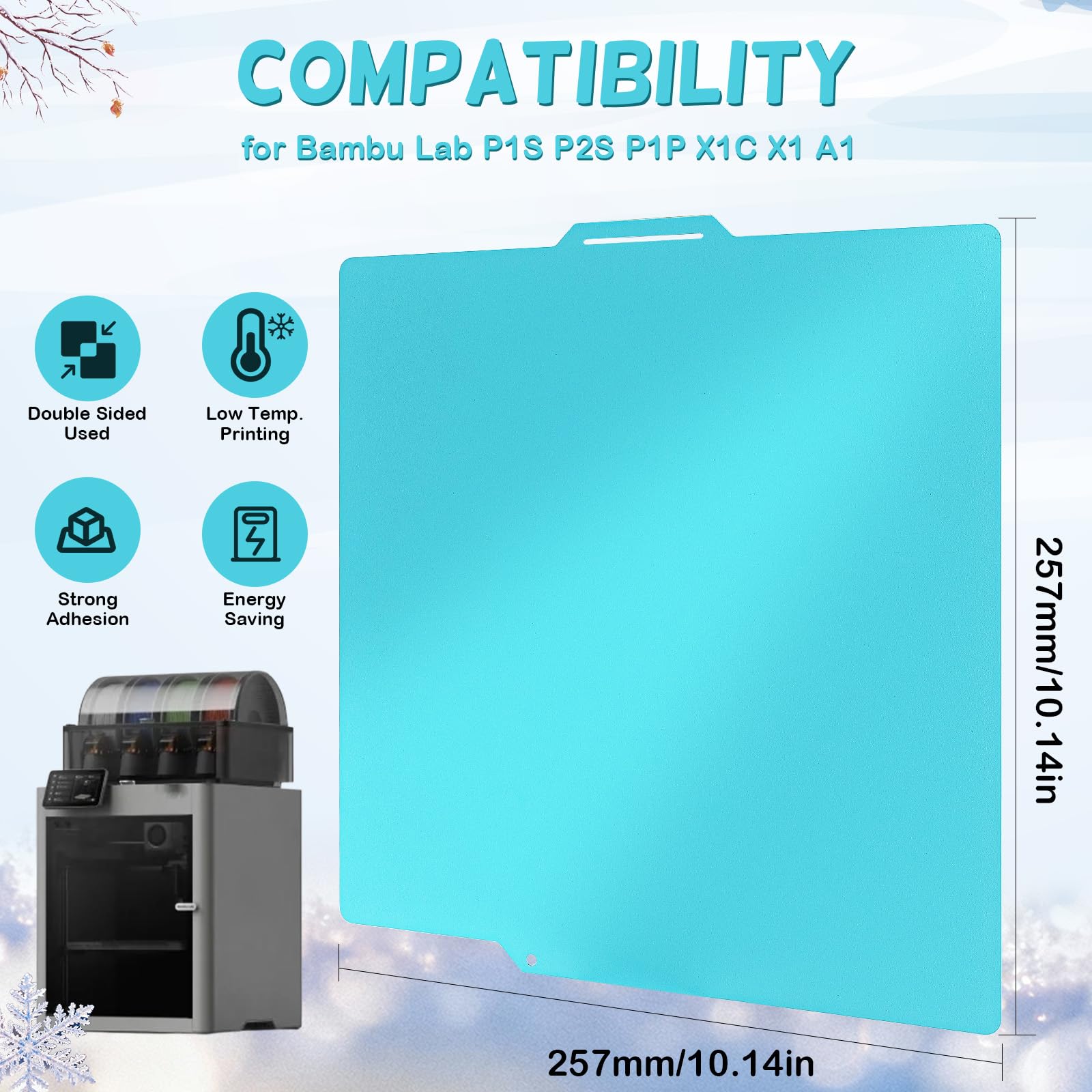 X2D P1S P2S A1 X1C Cool Build Plate for Bambulab 257x257mm, P2S P1S Cold Druckplatte PLA 30-50℃ Niedrige Temperatur Platte for Bambu Lab X2D P1S P2S A1 X1C X1 X1E 3D Printer Plattformen