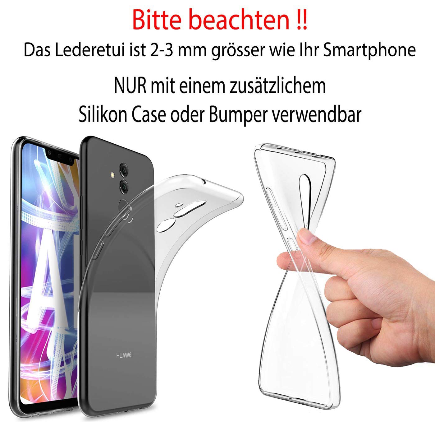 Suncase Custodia In Vera Pelle Per Huawei Mate 20 + Cover Trasparente In Silicone (Blu) - 2