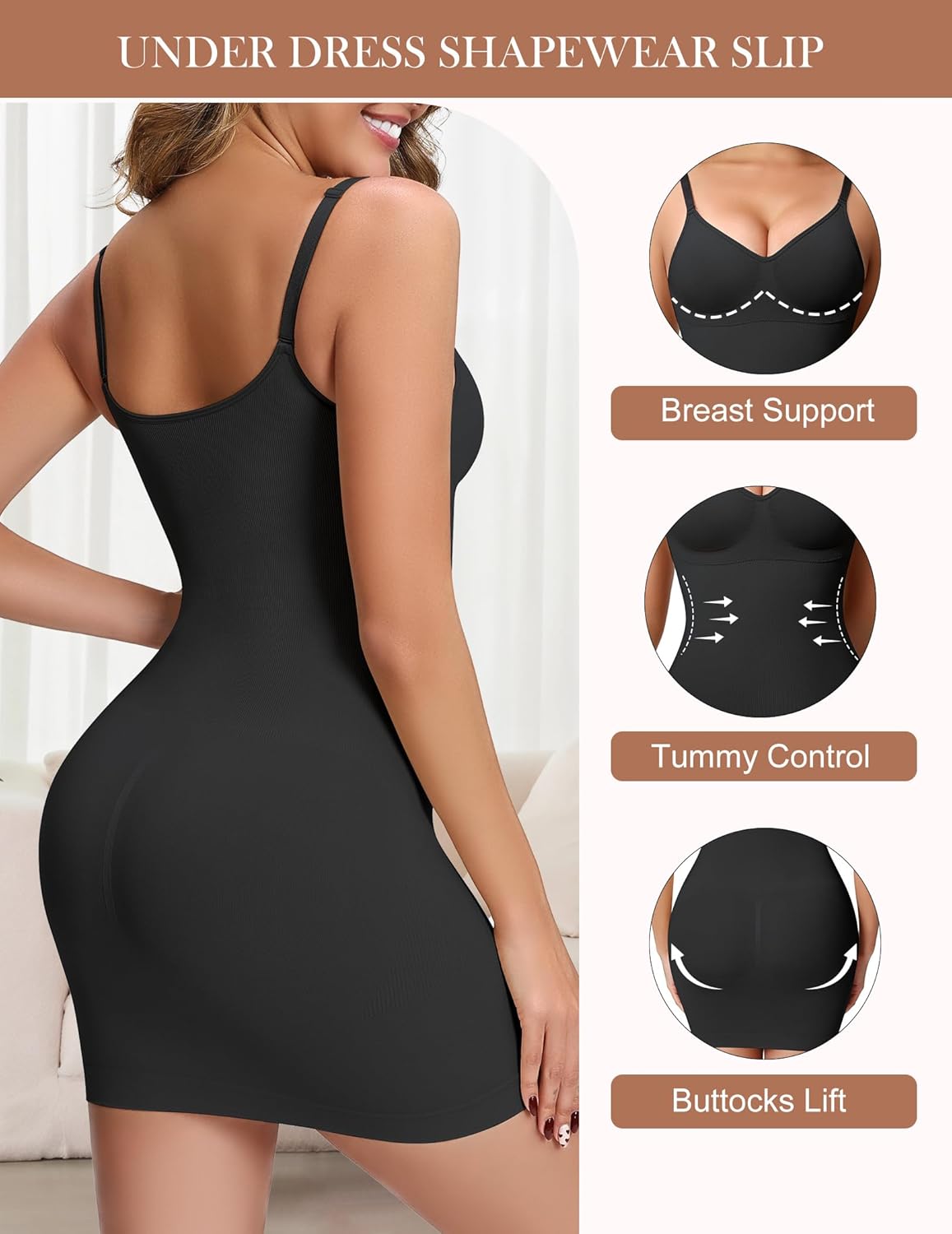 Shapewear Slip for Women Under Dress, V Neck Tummy Control Full Dress Slip, Built in Bra Body Shaper - Image 4