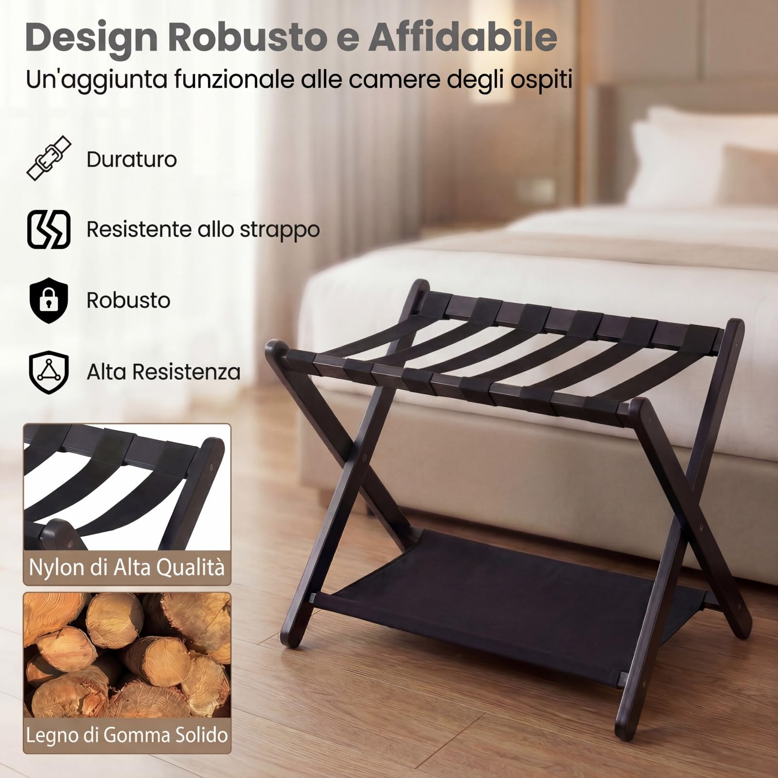 GYMAX Portavaligia Pieghevole, Portabagagli a 2 Ripiani da Camera con Struttura in Legno e 5 Cinghie di Nylon, Resistente all'Usura, Portapacchi per Hotel, Portata 60 kg, 67 x 46 x 52 cm (Nero)