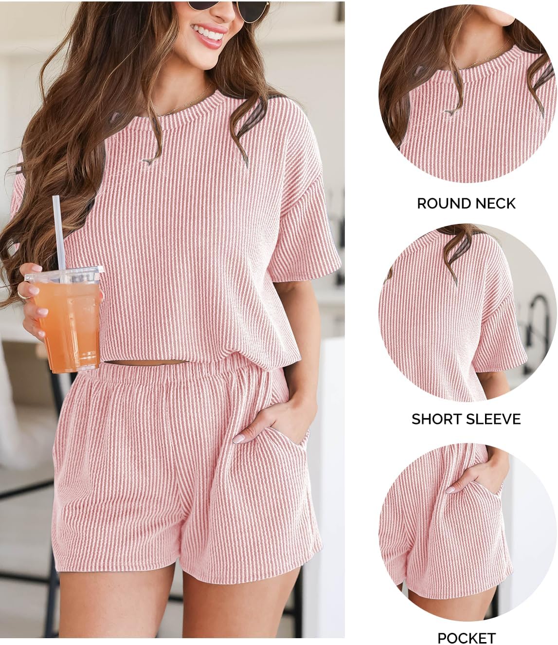Women's 2 Piece Outfits Summer Knit Short Sleeve Top and Shorts Set Soft Casual Lounge Sets - Image 5