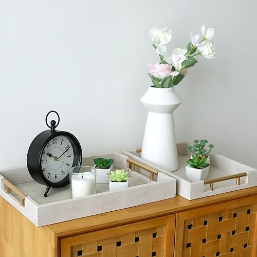 Miniatura 4 de Shagreen - Juego de 2 bandejas para servir con asas de metal pulido dorado, bandeja decorativa de madera de marfil de piel sintética con oro