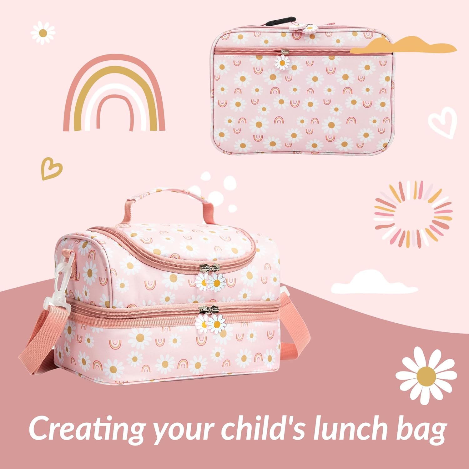 Insulated Kids Dual Compartment Lunch Bags Tote for Girls Boys Toddler Lunch Boxes Pre-School Toddler Kindergarten Elementary Picnic Food Cooler Thermal with Strap (Rainbow Daisies) - Image 8