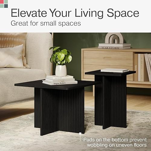 Vista 3 de Mesas de centro cuadradas estriadas anidables, juego de mesa auxiliar de 2 piezas, escritorio moderno para bebidas para sala de estar, decoración