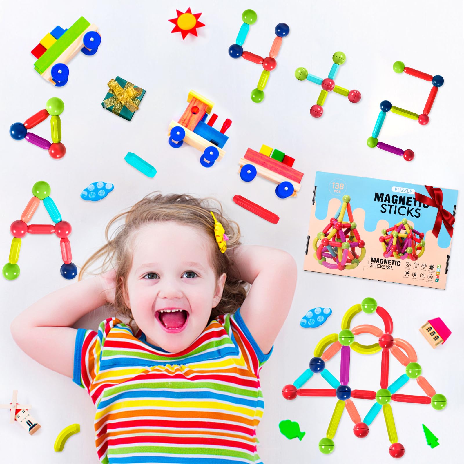 JUQG 138Pcs Juguetes de Bloques de Construcción Magnéticos, 3D Juguetes Educativos de Bloques de Construcción, Juguetes de Construcción Magnéticos para Niños y Niñas de 3 4 5 6 7 8 años (138Pcs) — view 7