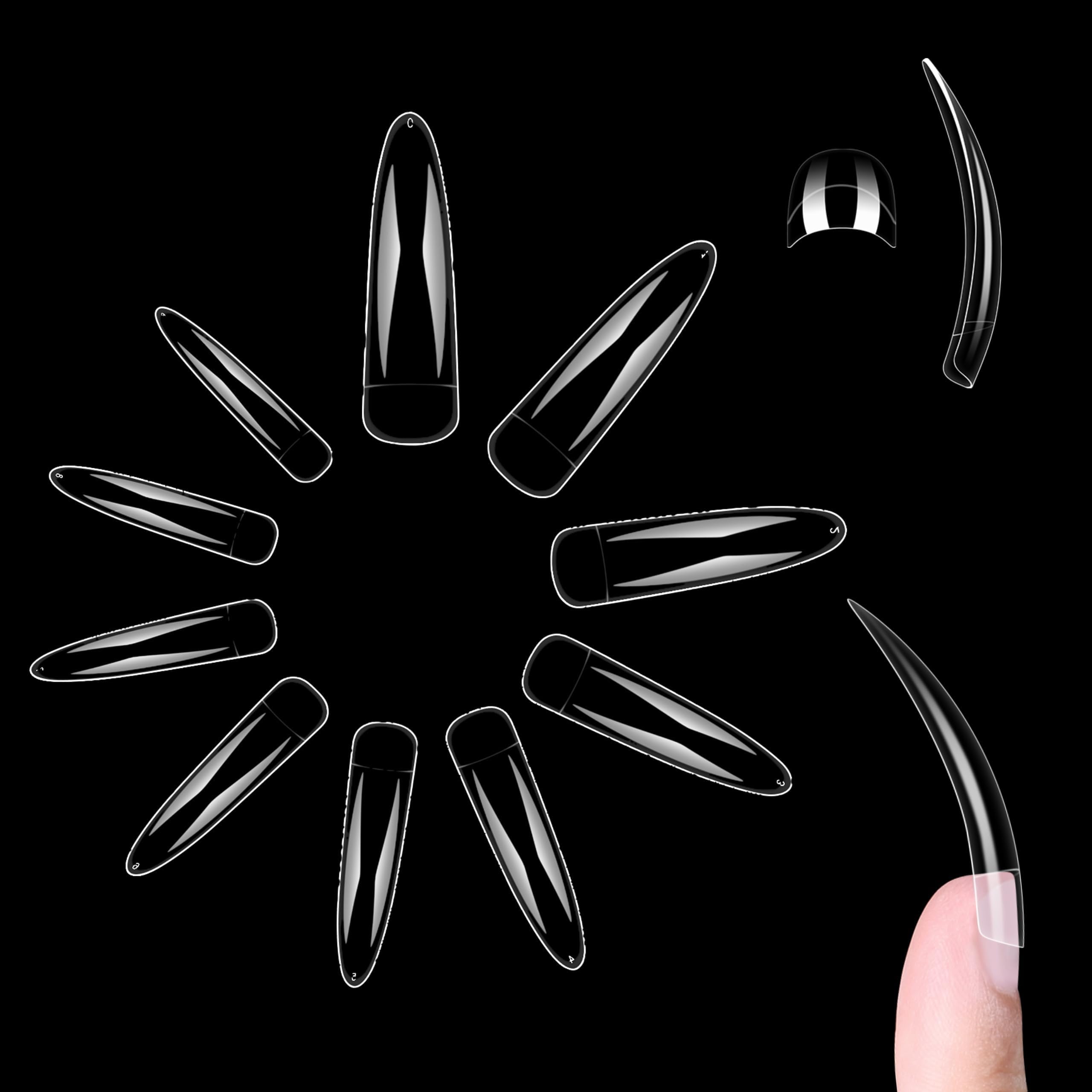 NOVO OVO Halloween 500 pcs Half Cover Extra Long Hawk Curved Stiletto/Almond Nail Tips, XXL 2XL Sharp False Nails for Acrylic, Clear QUEEN STILETTO