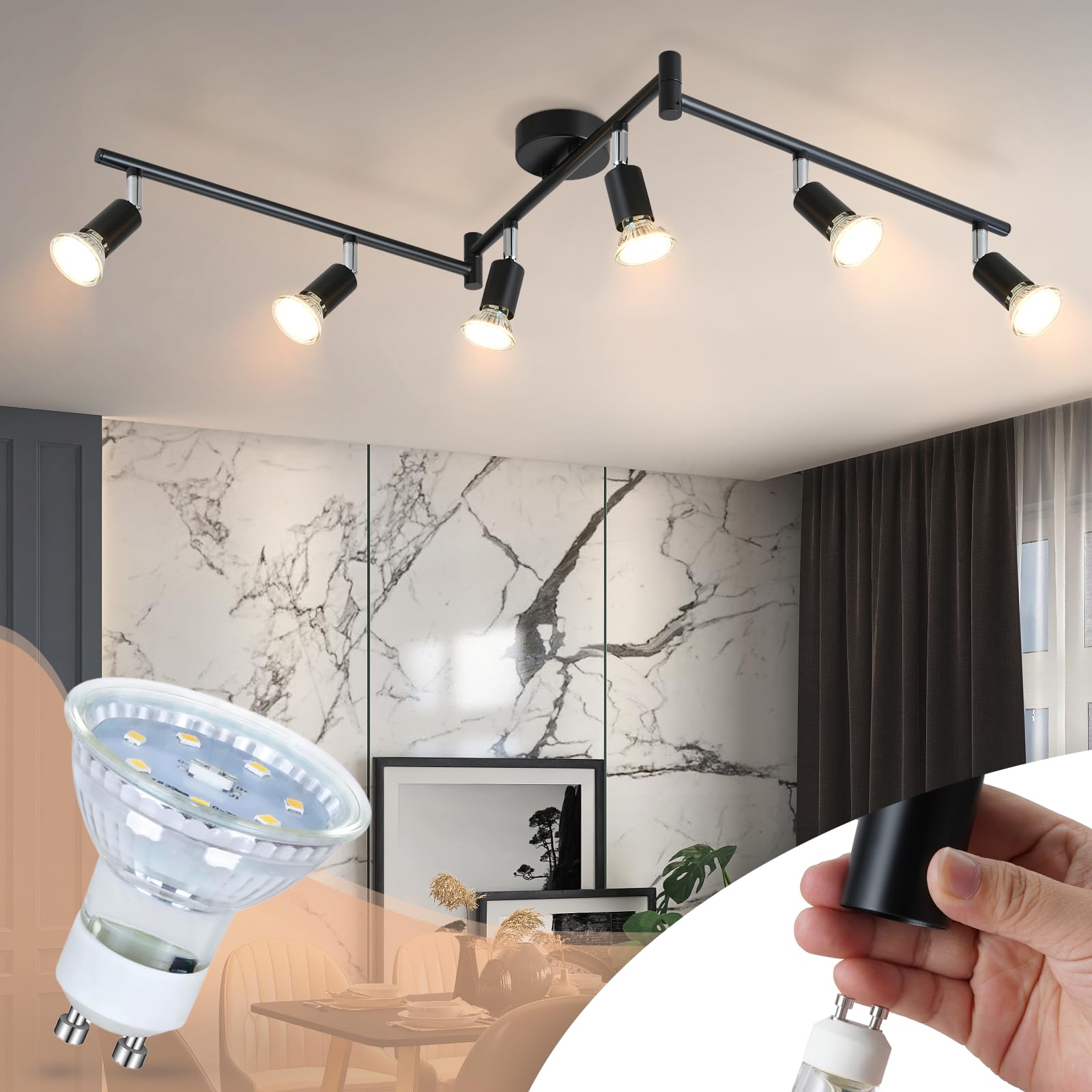 Glitzerlife Foco de Techo LED Lámpara de Techo Giratorio 350° Foco de Techo | GU10 Metal Níquel Lámpara Salón Moderna Para Dormitorio Cocina Comedor Pasillo Sin Bombilla