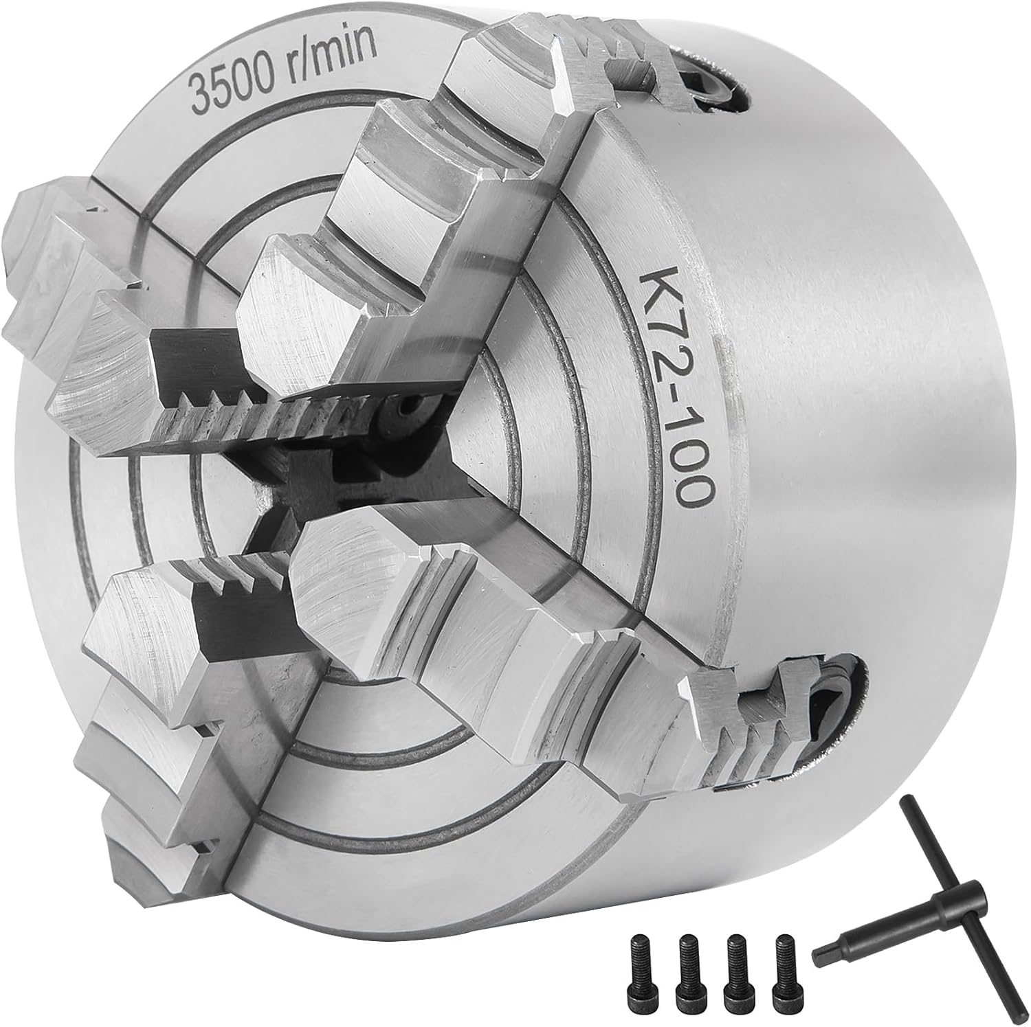 VEVOR K72-100 Lathe Chuck, 4 Inch 4-Jaw, Independent Metal Lathe Chuck with Reversible Jaw, 0.236-1.77 in Internal 1.57-3.93 in External Clamping, Turning Machine Accessories, for Lathes Machine