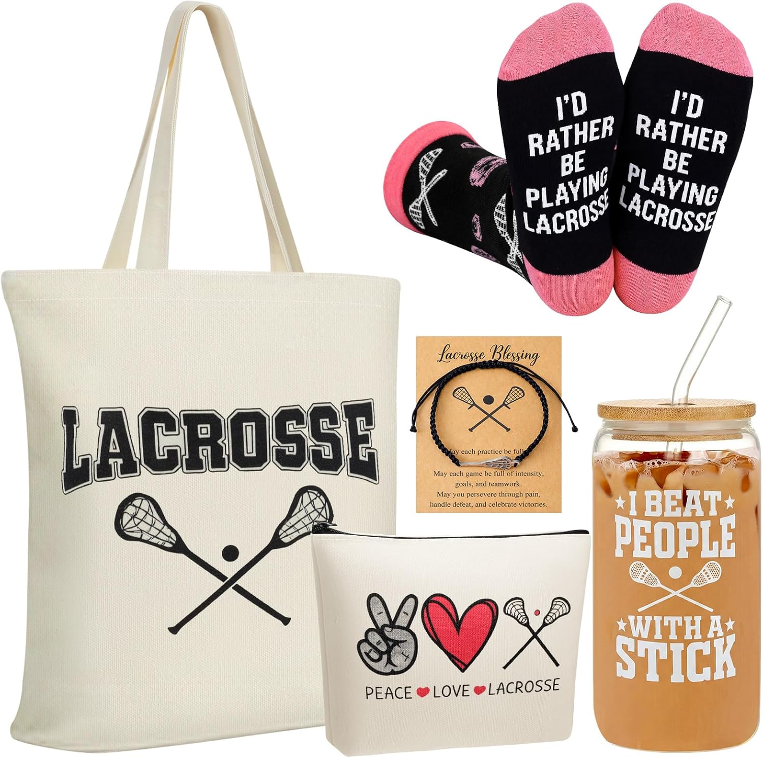 Chunful 6 Pcs Lacrosse Gifts Set for Teen Girls & Women Team Essentials Accessories Include 16 oz Glass Jar Tumbler, Canvas Tote, Makeup Bag, Novelty Socks & Bracelets for Lacrosse Lover Coach