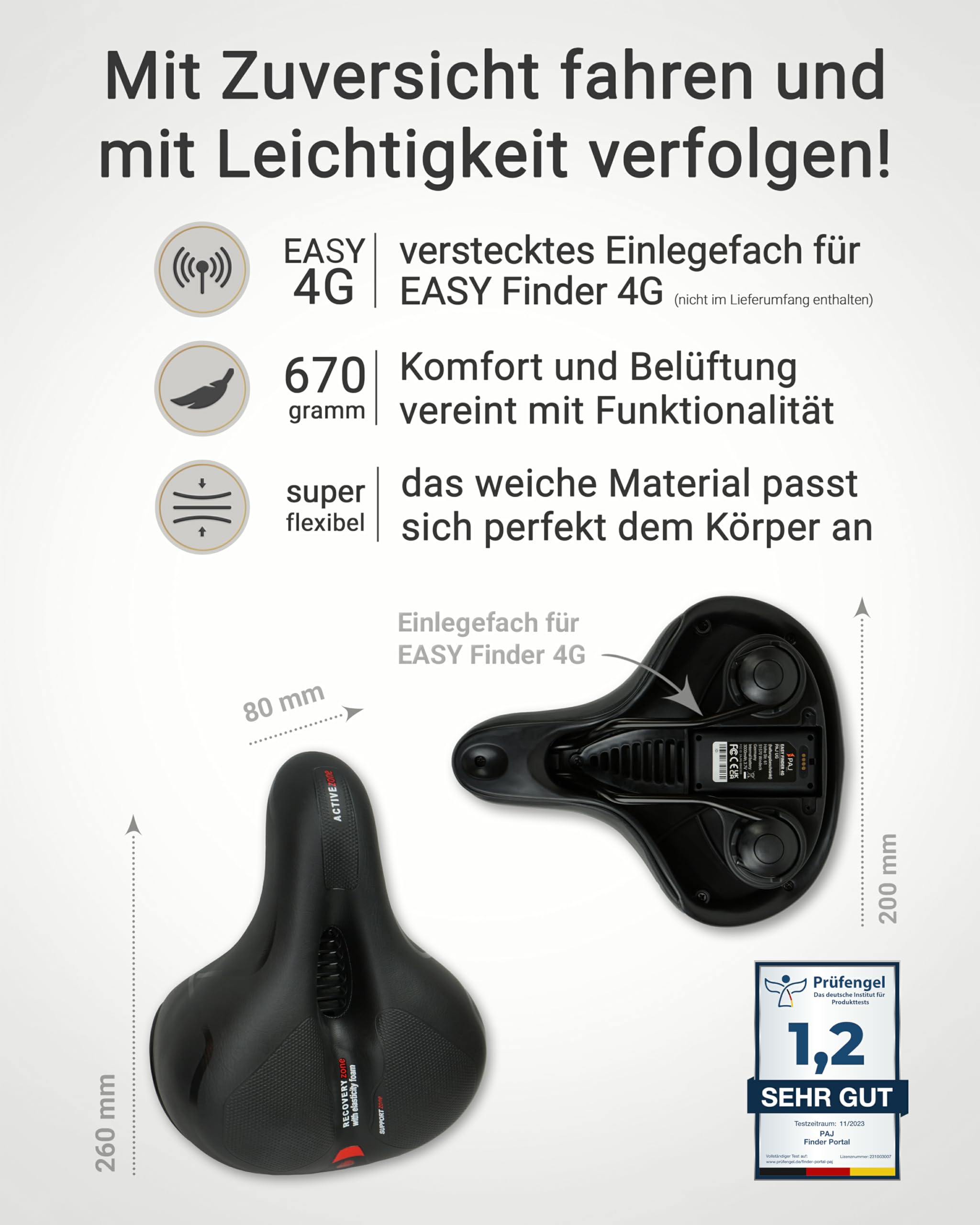 PAJ GPS Fahrradsattel ohne Halterung - Cloud Comfort Technologie - geeignet in Verbindung mit dem Easy Finder 4G (Nicht enthalten) als GPS Tracker für Fahrräder, e Fahrrad, MTB UVM im Fahrrad Sattel