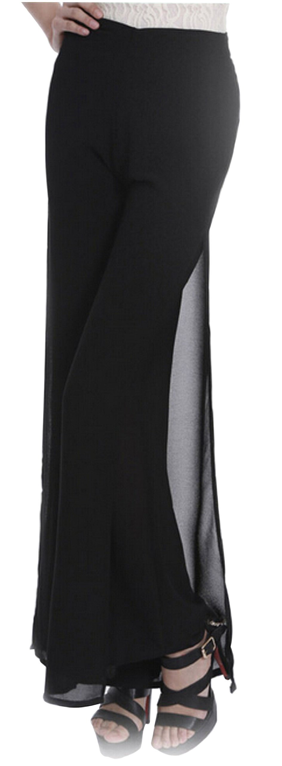 Women's Fold-Over Flare Wide Leg Slinky Boho Palazzo Pants Black