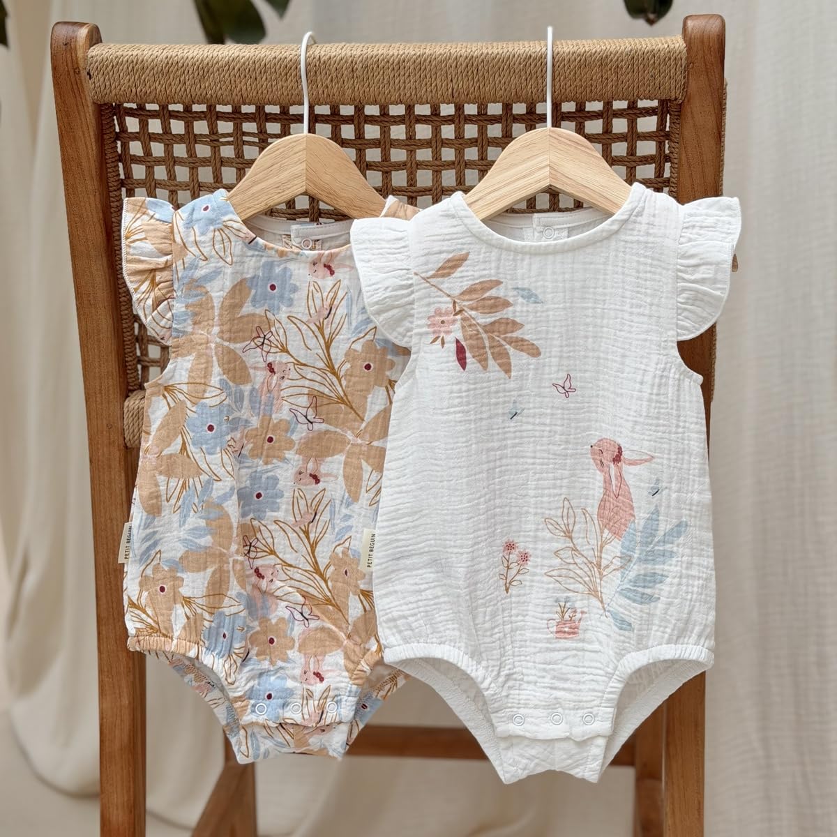 Petit Béguin - Lot de 2 barboteuses bloomer bébé en gaze de coton Praline