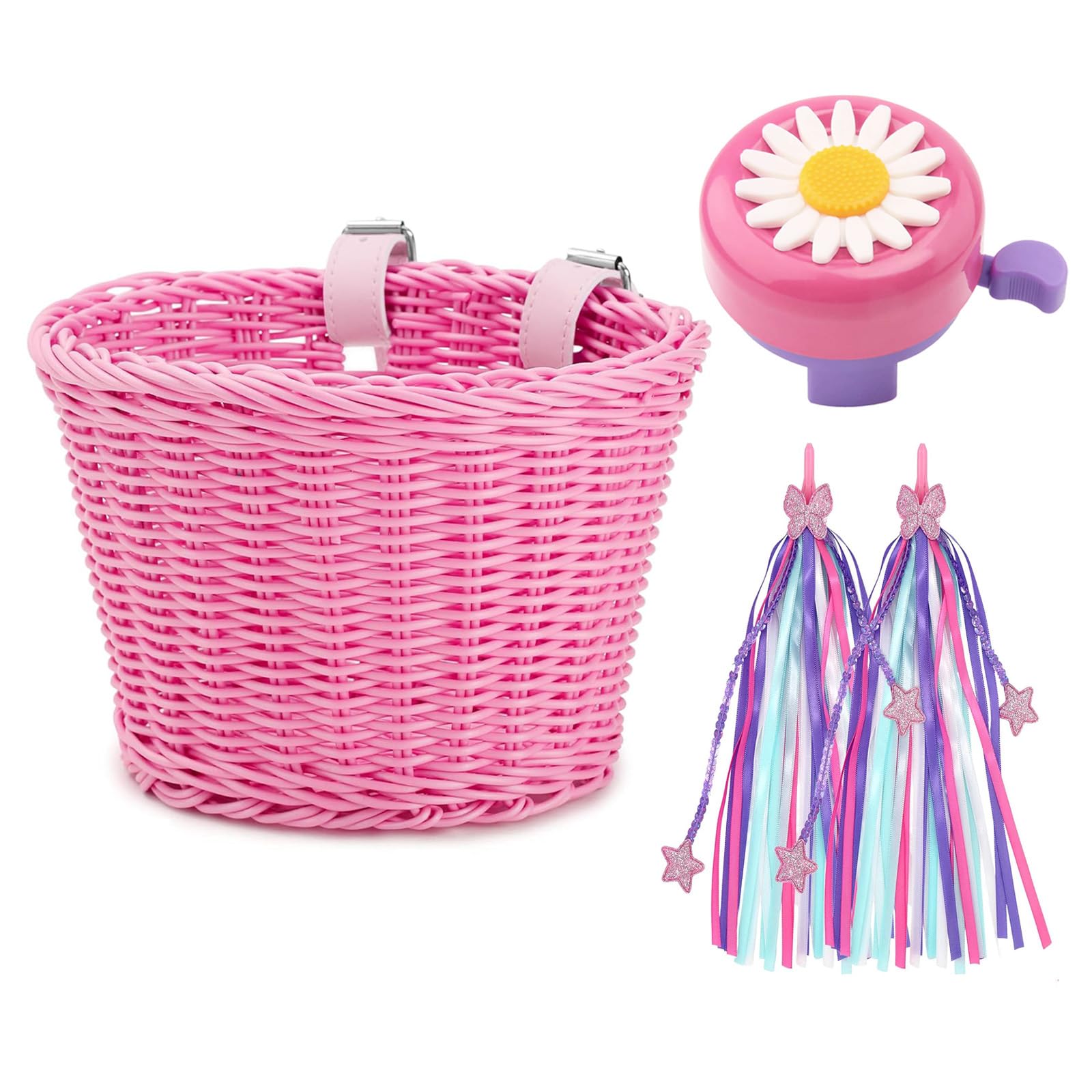 TIKBRO Kids Bike Basket Handwoven Scooter Basket for Girls and Boys with Bike Accessories - Handlebar Streamers and Bell