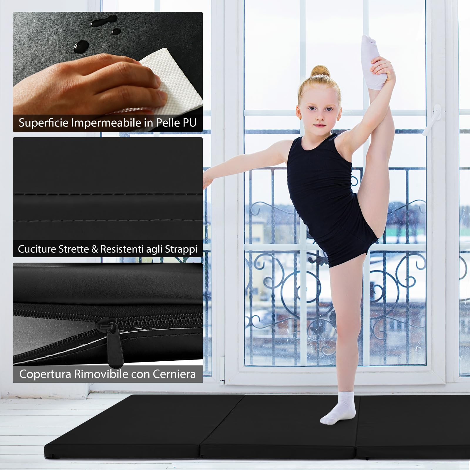 COSTWAY Tappetino da Ginnastica con Maniglia, Gancio, Chiusura a Cerniera e Copertura in Pelle PU Staccabile, Tappetino da Esercizio Pieghevole per Yoga, Stretching e Aerobica
