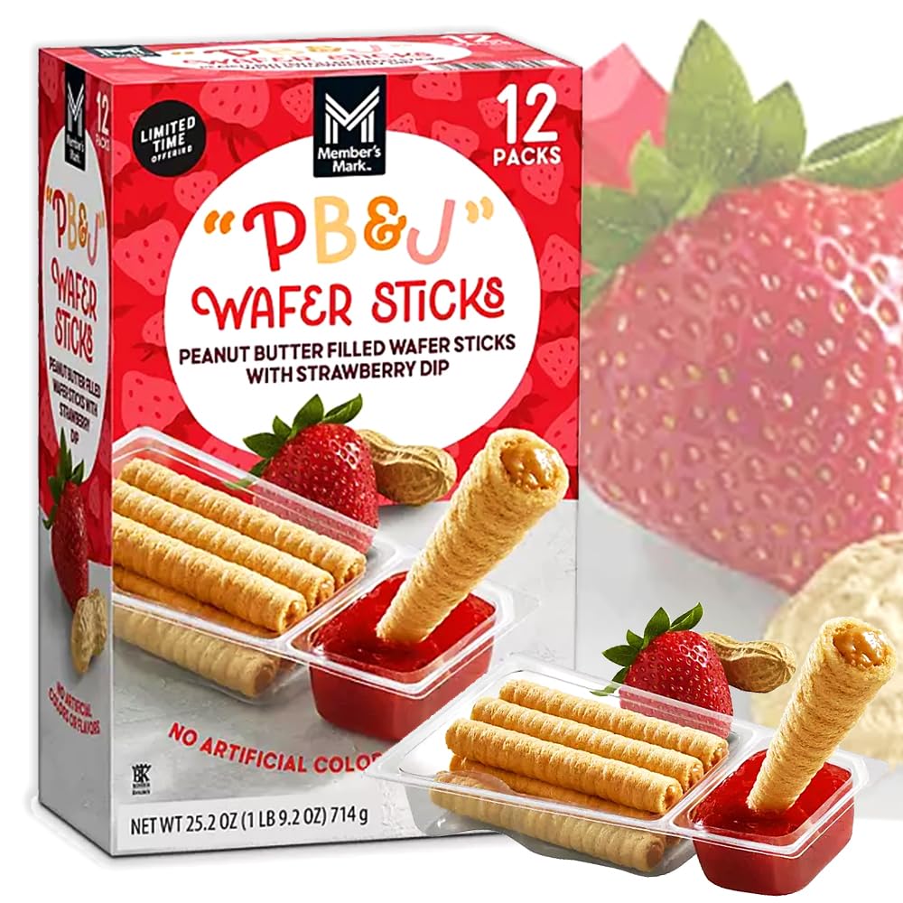 Peanut Butter Rolled Wafer Sticks | PB & Jelly Filled Wafer Sticks with Strawberry Dip | Grab & Go Individually Wrapped Packs | School Snack Party