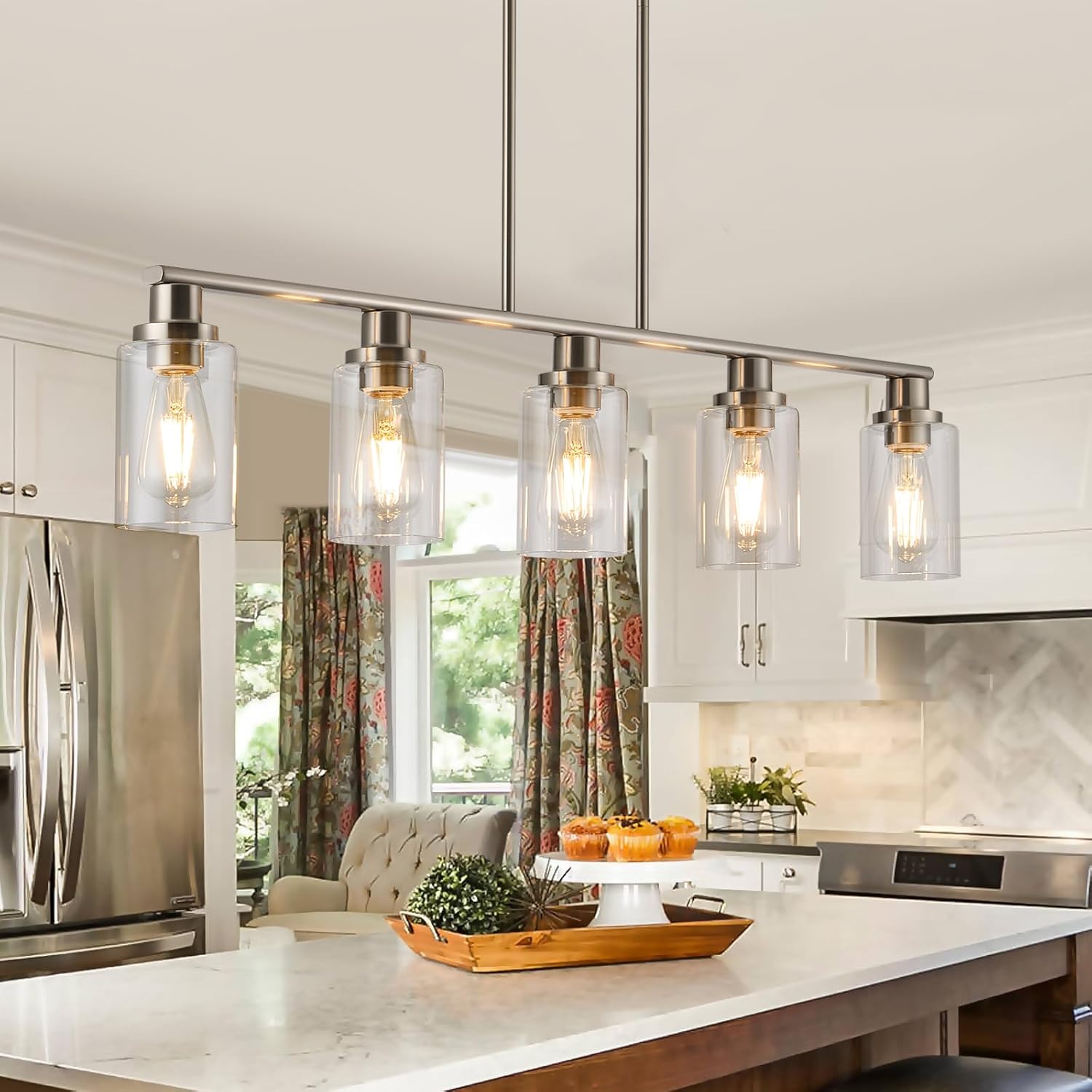 kitchen island pendant lighting, 5-light farmhouse dining room light fixture over table, brushed nickel finish with clear glass shade, rustic industrial linear chandelier for kitchen island 5-light satin brushed nickel