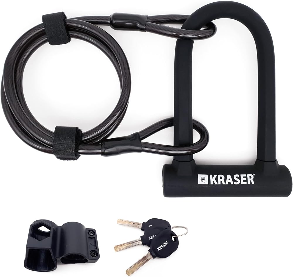 KRASER KR65145B Antivol Vélo, Robust U + Cable 120cm Plus Sûr et Pratique, Anse ø16 Acier Double Verrouillage, Support Transport Facile, Protection Silicone Anti-rayures, Universel pour Scooter Vélo