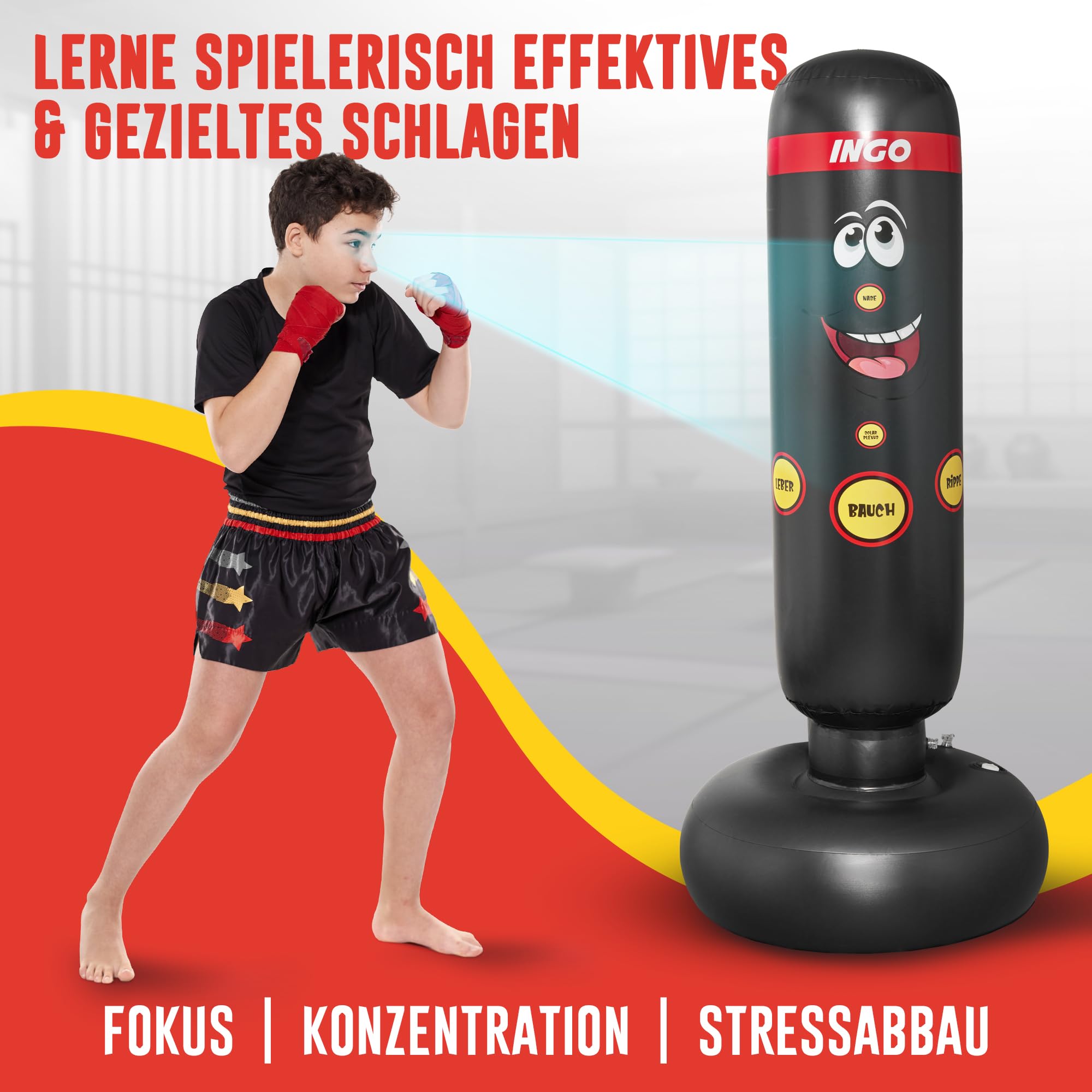 INGO® Boxsack für Kinder (pädagogisch konzipiert für Innere Kraft), inkl. Handschuhe & Pumpe | Kinder Boxsack (165cm) zur Schulung von Fokus, Selbstkontrolle & Körperbewusstsein