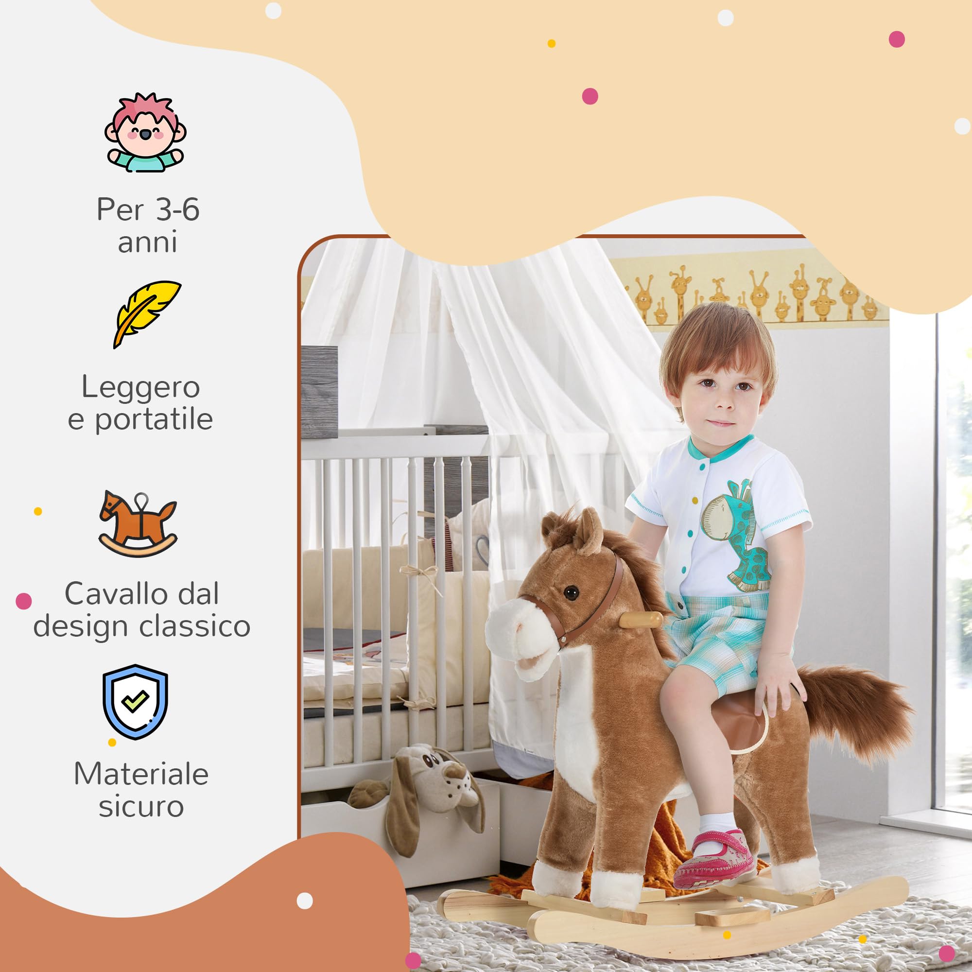 HOMCOM Cavallo a Dondolo per Bambini, Cavallino a Dondolo Bambini 36-72 Mesi, Cavalluccio Giocattolo con Suoni Realistici e 2 Batterie AA, Marrone