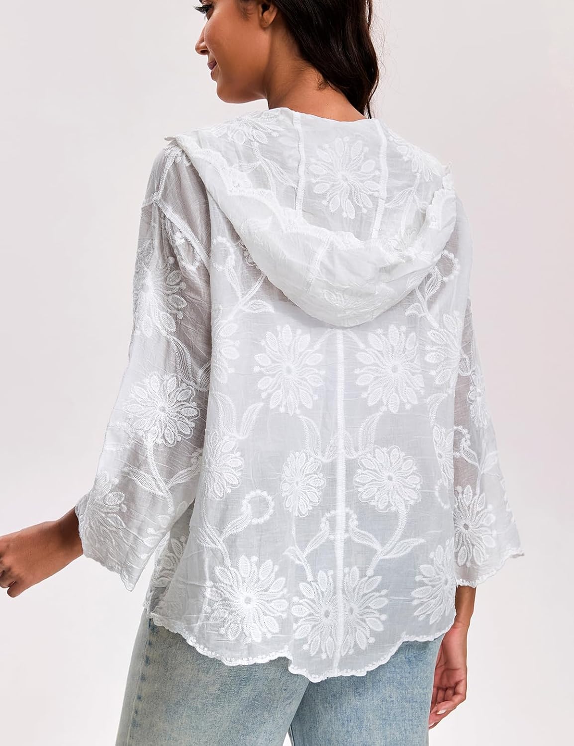Women Boho Sheer Tops 3/4 Length Button Gauze Blouses Floral Embroidered Lightweight Cap Sleeve