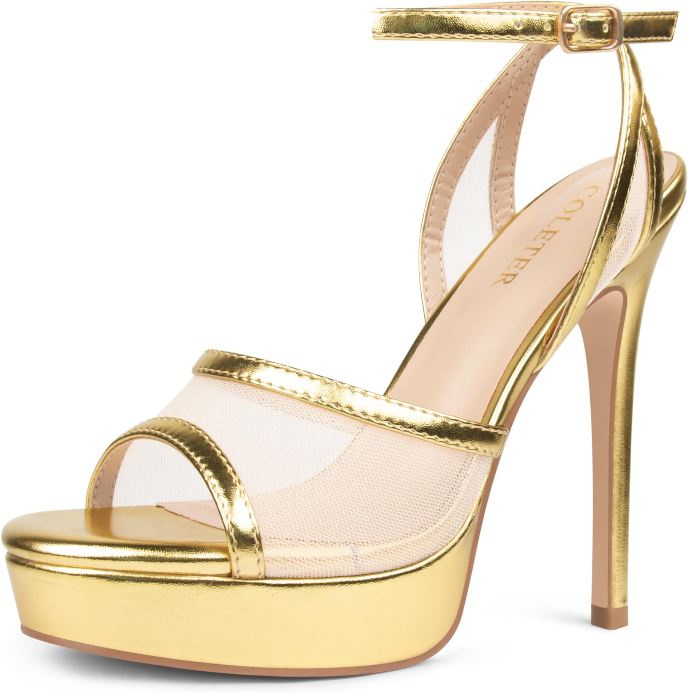 Women's Platform Mesh High Heels 5.1 Inch Open Toe Sandals Ankle Strap Party Dress Wedding Shoes